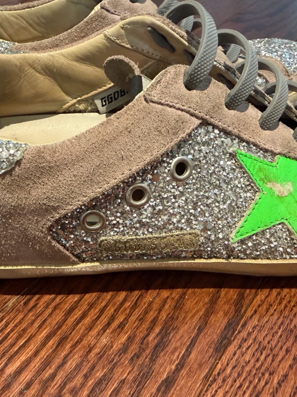 Golden Goose Silver Glitter Sneakers with Neon Green Star - Picture 6 of 11